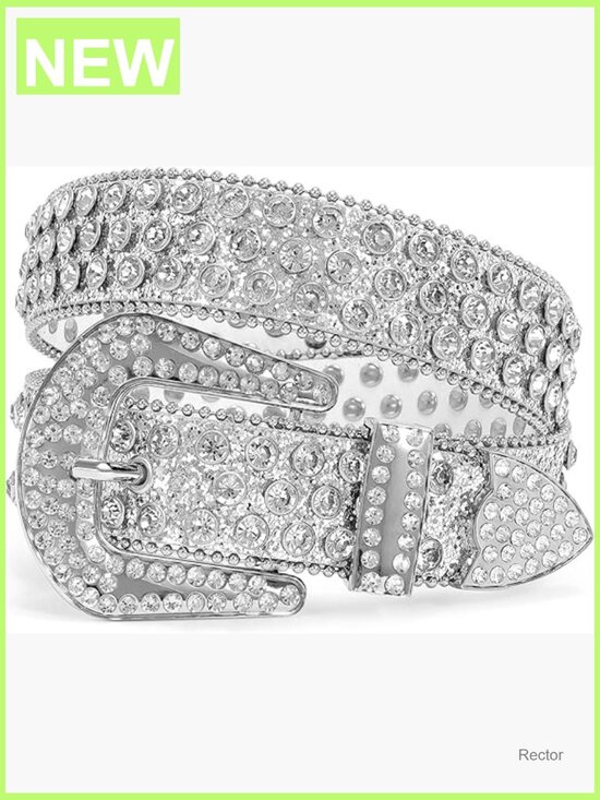 Accessories - Western Studded Leather Belt with Rhinestone Buckle, Adjustable 33-37 In